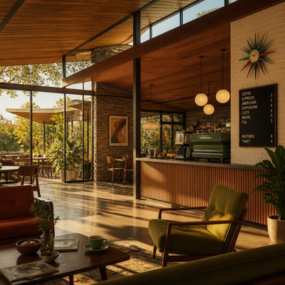 cozy cafe interior with warm lighting