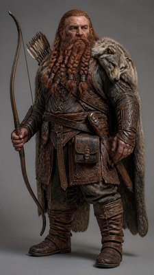 full-body original character: a dwarven ranger with a braided auburn beard, worn leather armor, a longbow and a wolf-pelt cloak, neutral background, no text