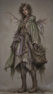 full-body original character: a wandering botanist with a satchel of plants, a patched green cloak, tall boots and round glasses, neutral background