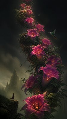 a climbing vine of flowers and hummingbirds on a dark background, tall wrapping composition, no text