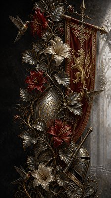 a climbing vine of flowers and hummingbirds on a dark background, tall wrapping composition, no text