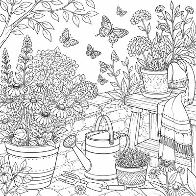 a garden scene with butterflies, flowers and a watering can, clean uncolored line art, no text