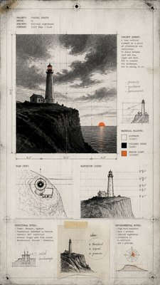 a lone lighthouse on a cliff at dusk under a dramatic sky, no text or lettering