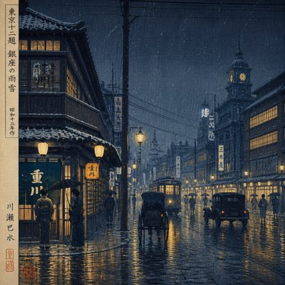 urban street with city activity — Shin-hanga Print Style