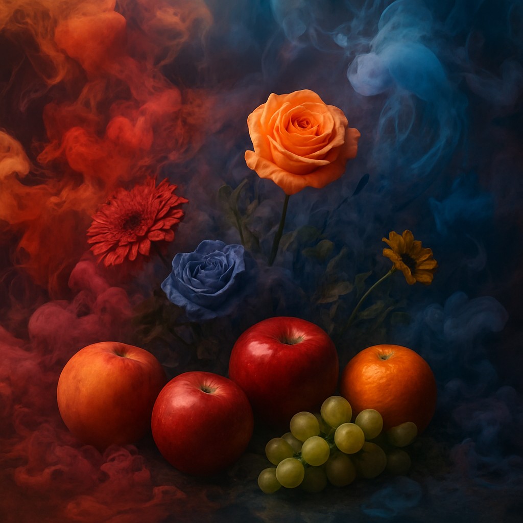 still life arrangement of fruits and flowers