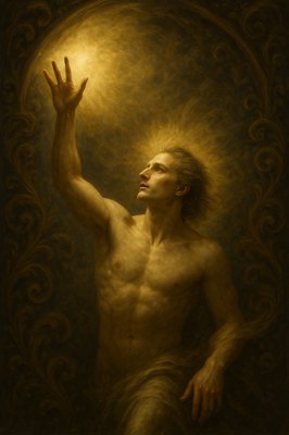 a painting of a man holding a light