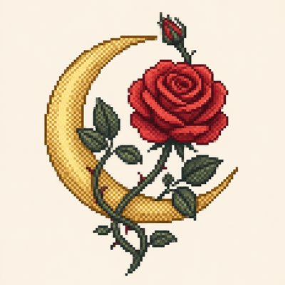 a rose entwined with a crescent moon, clean balanced composition on a plain background, no text