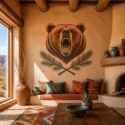 a roaring bear head above crossed pine branches, bold graphic composition on a plain background, no text