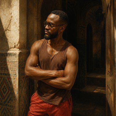 a man with his arms crossed standing in a doorway