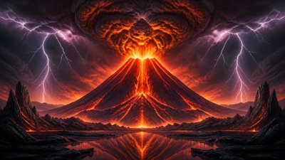 an erupting volcano with lightning strikes, dramatic wide composition, no text
