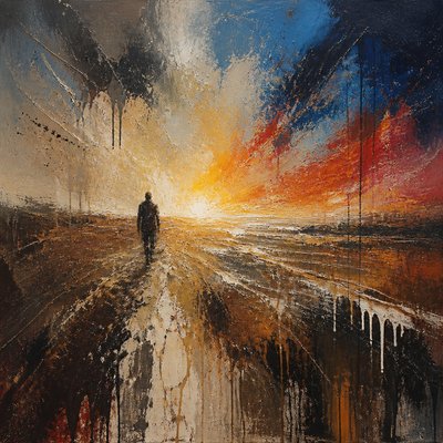 a solitary figure walking toward a glowing horizon across an empty plain, moody atmosphere, no text or lettering