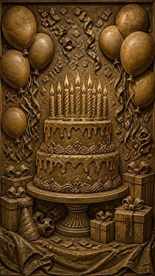 a birthday cake with lit candles surrounded by balloons and confetti, festive vertical composition, no text