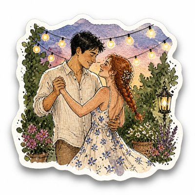 an original couple dancing under string lights in a garden at dusk: a man with short black hair in a linen shirt and a woman with braided red hair in a summer dress