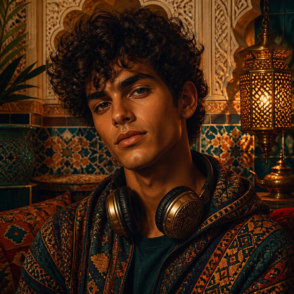 head-and-shoulders portrait of an original character: a young man with curly dark hair and headphones around his neck, plain backdrop, no text