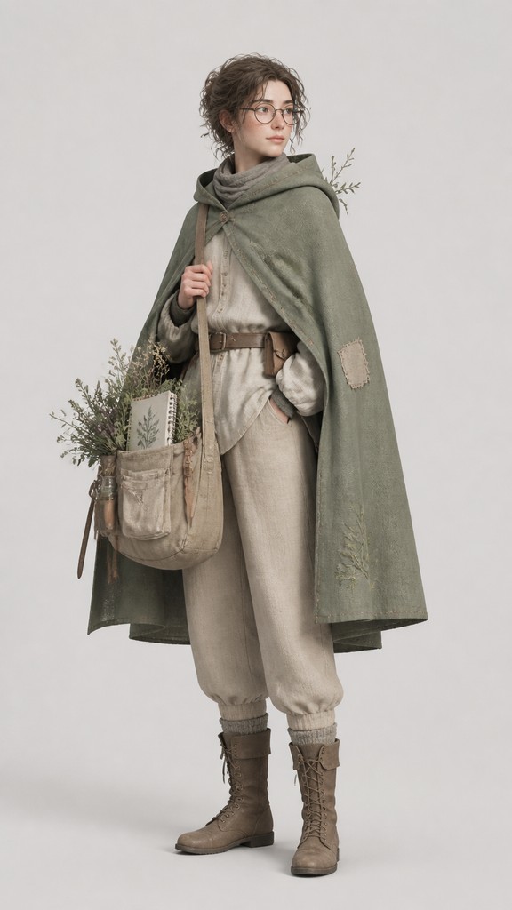 full-body original character: a wandering botanist with a satchel of plants, a patched green cloak, tall boots and round glasses, neutral background