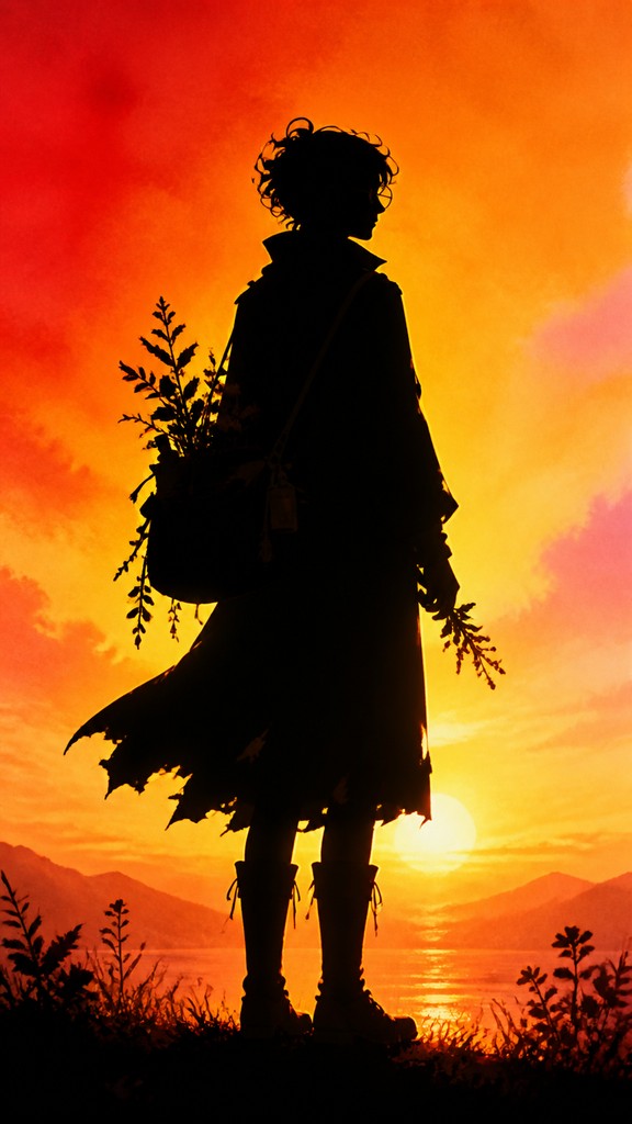 full-body original character: a wandering botanist with a satchel of plants, a patched green cloak, tall boots and round glasses, neutral background