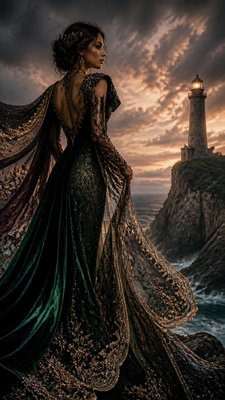 a lone lighthouse on a cliff at dusk under a dramatic sky, no text or lettering
