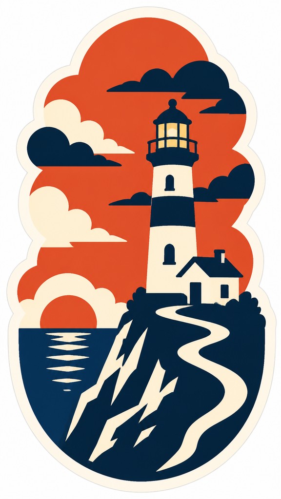 a lone lighthouse on a cliff at dusk under a dramatic sky, no text or lettering