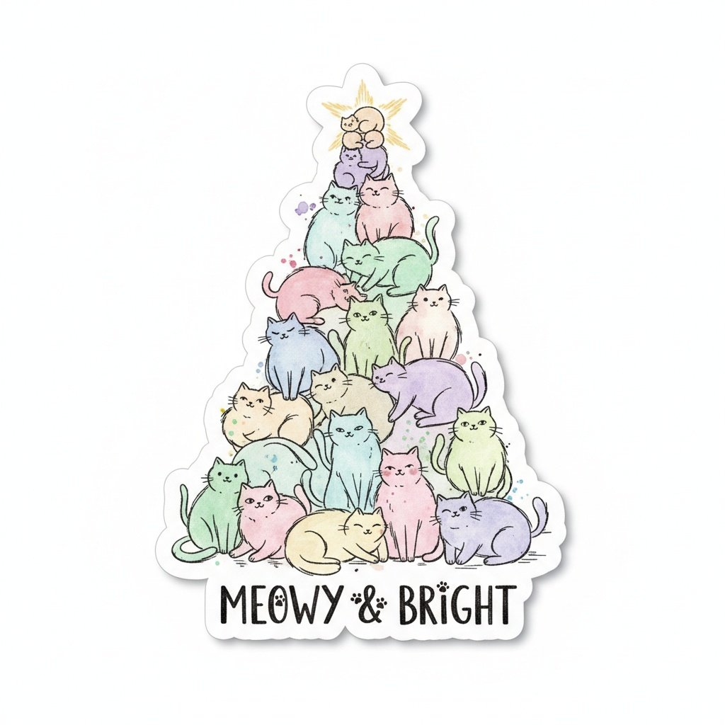  a whimsical christmas tree made of cats, with many small cats stacked on top to form the shape of an xmas star, white background, simple watercolor style, minimalism, pastel tones, simple details, hand-drawn illustration, pasted picture, simple lines, simple drawing style, white background, white space