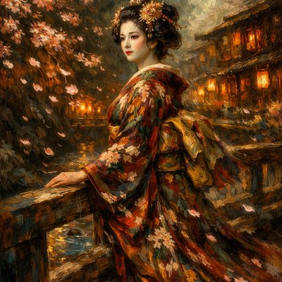 Cinematic Film Style, Romanticism Art Style, a stunningly beautiful and atmospheric portrait of a Geisha in 1930s Kyoto. She is dressed in an exquisite, flowing silk kimono with intricate floral patterns and a wide obi sash. Her face is painted in traditional white makeup with striking red lips and piercing blue-gray eyes. She is standing on a traditional wooden bridge over a stream in Gion, with soft pink cherry blossoms falling around her like snow. The lighting is a warm, golden-hour glow that creates a soft-focus, ethereal background of old wooden teahouses and paper lanterns. Focus on the shimmering texture of the silk, the delicate movement of the blossoms, and a sense of quiet, longing beauty.