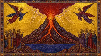 an erupting volcano with lightning strikes, dramatic wide composition, no text