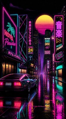 a quiet rainy city street at night reflecting neon signs, no people