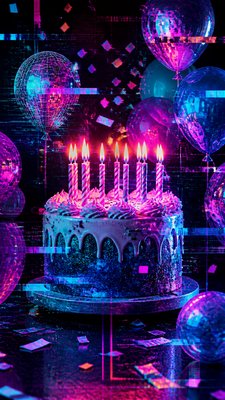 a birthday cake with lit candles surrounded by balloons and confetti, festive vertical composition, no text