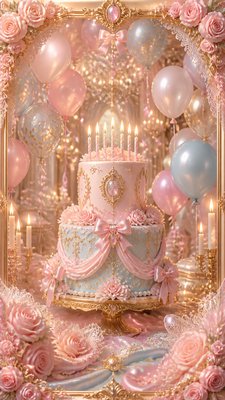 a birthday cake with lit candles surrounded by balloons and confetti, festive vertical composition, no text