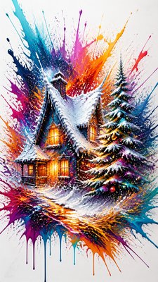 a snow-covered cottage with warm glowing windows beside a decorated pine tree, gentle snowfall, no text