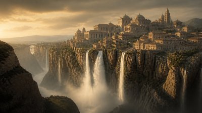 a cliffside city with waterfalls cascading into a misty canyon, wide establishing shot, no people, no text