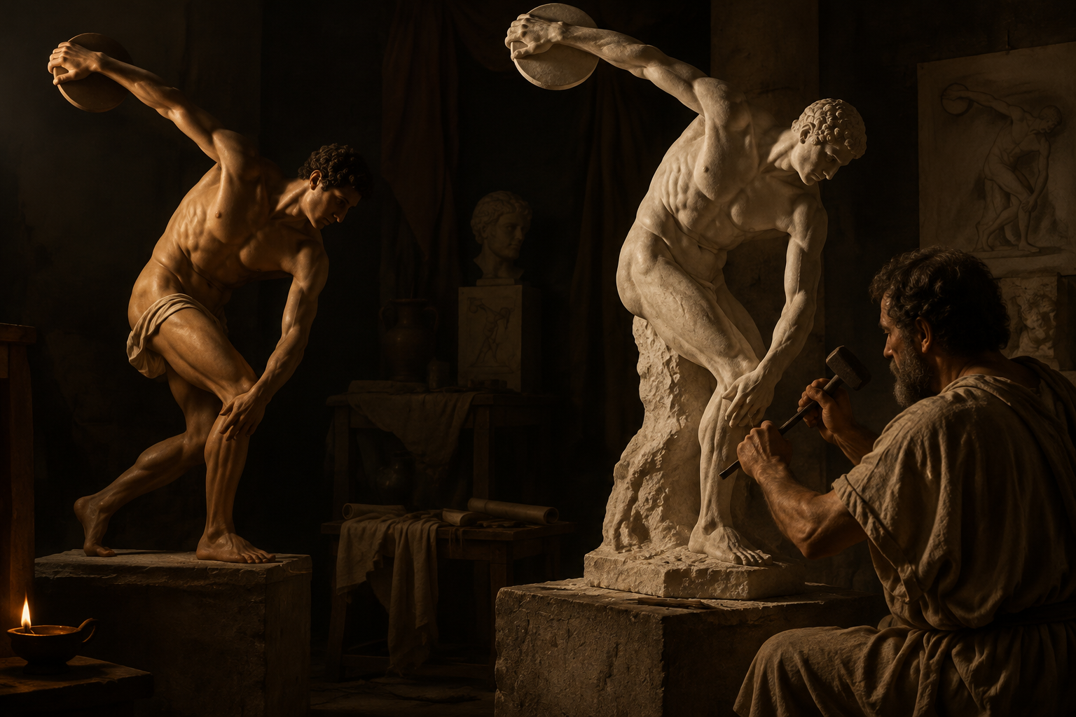 ancient greek sculptor carving the discobolos with a model posing for him