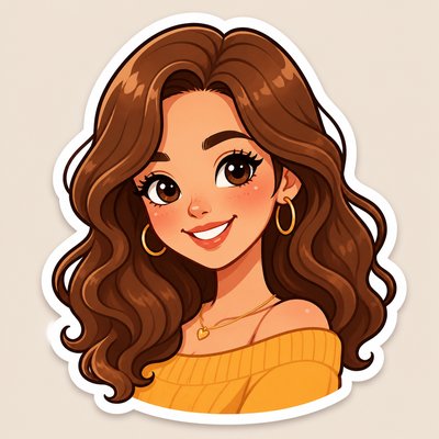 head-and-shoulders portrait of an original character: a young woman with wavy chestnut hair and a warm smile, plain soft backdrop