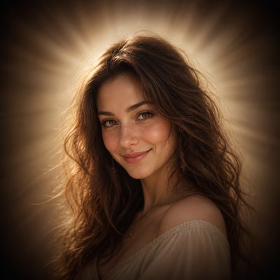 head-and-shoulders portrait of an original character: a young woman with wavy chestnut hair and a warm smile, plain soft backdrop