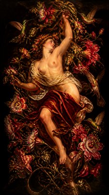 a climbing vine of flowers and hummingbirds on a dark background, tall wrapping composition, no text