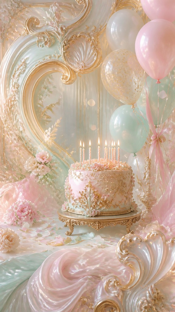 a birthday cake with lit candles surrounded by balloons and confetti, festive vertical composition, no text