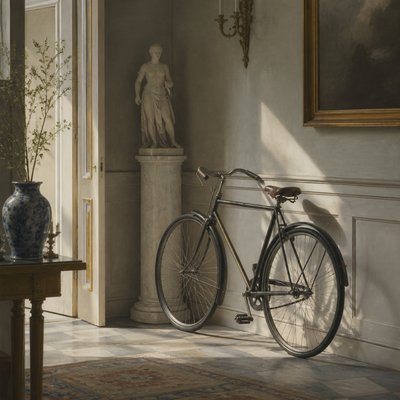 bicyle resting against a wall