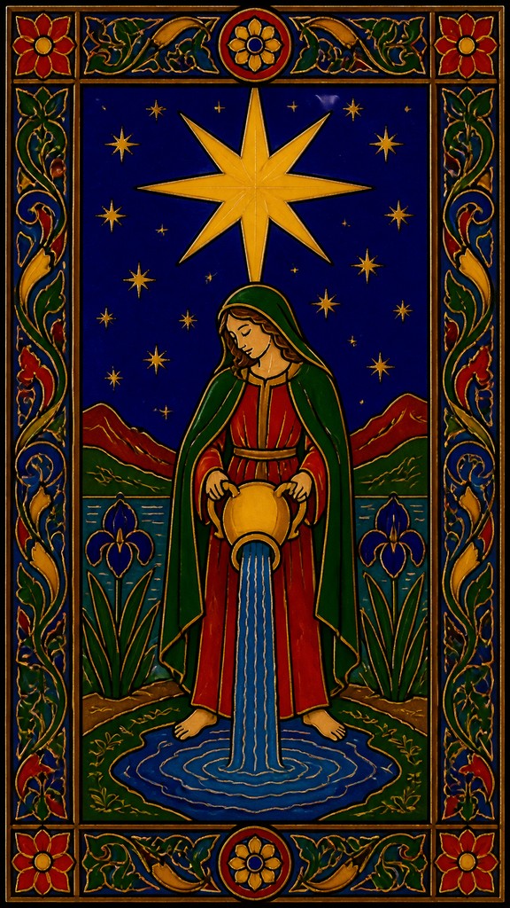 a robed figure pouring water beneath a large eight-pointed star in a night sky, symmetrical composition with an ornate decorative border, no text