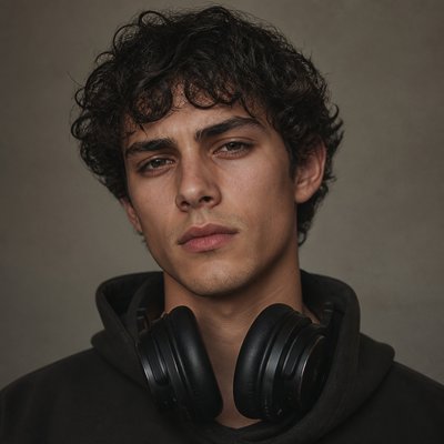 head-and-shoulders portrait of an original character: a young man with curly dark hair and headphones around his neck, plain backdrop, no text