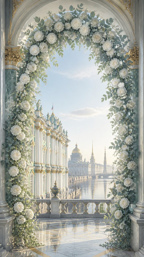 an arch of white roses and eucalyptus in soft morning light, elegant vertical composition with open space, no text