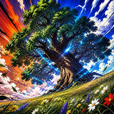 a large solitary oak tree in a grassy meadow with wildflowers, no people and no animals
