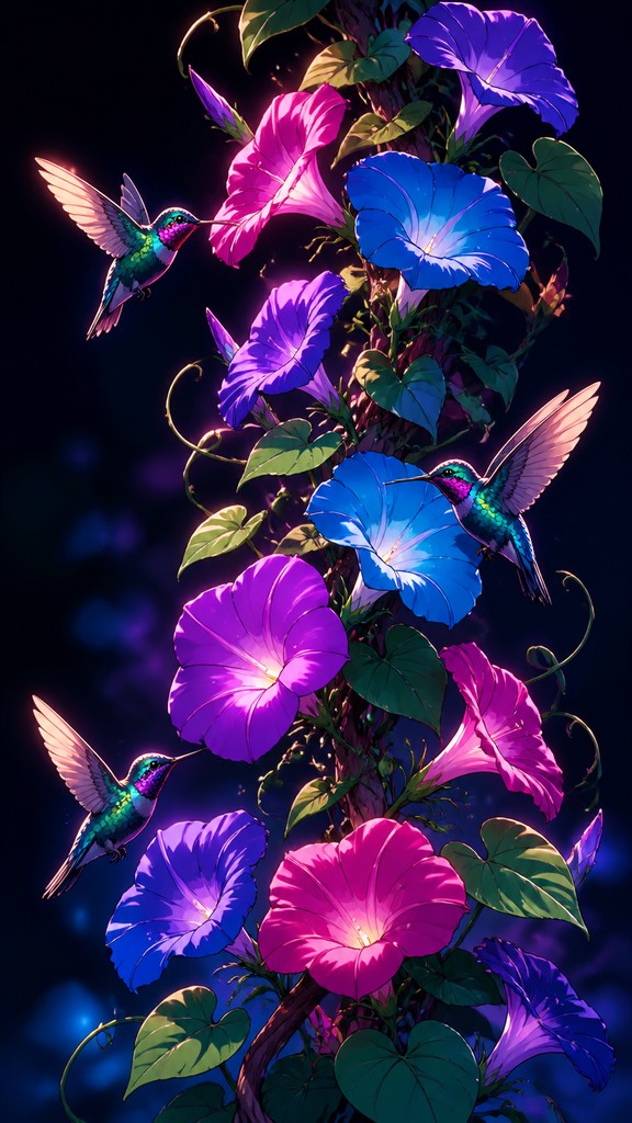 a climbing vine of flowers and hummingbirds on a dark background, tall wrapping composition, no text