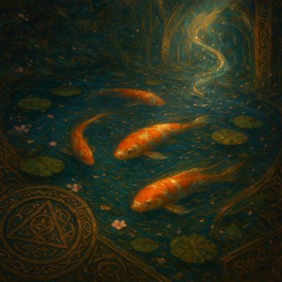 A koi pond seen from above, orange and white koi fish swimming among lily pads, clear water with subtle ripples, fallen cherry blossom petals floating on the surface, dappled sunlight