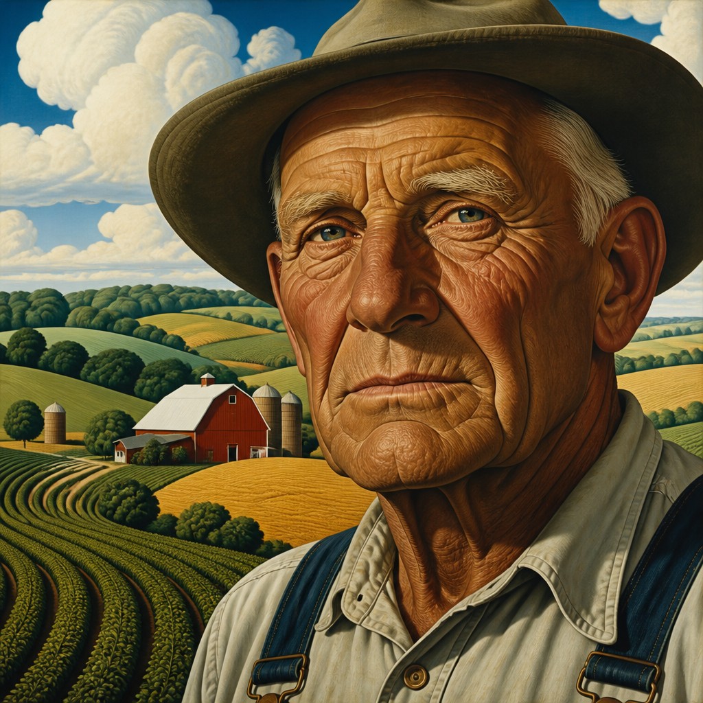 close-up portrait of an elderly person with expressive weathered features — American Regionalism Art Style