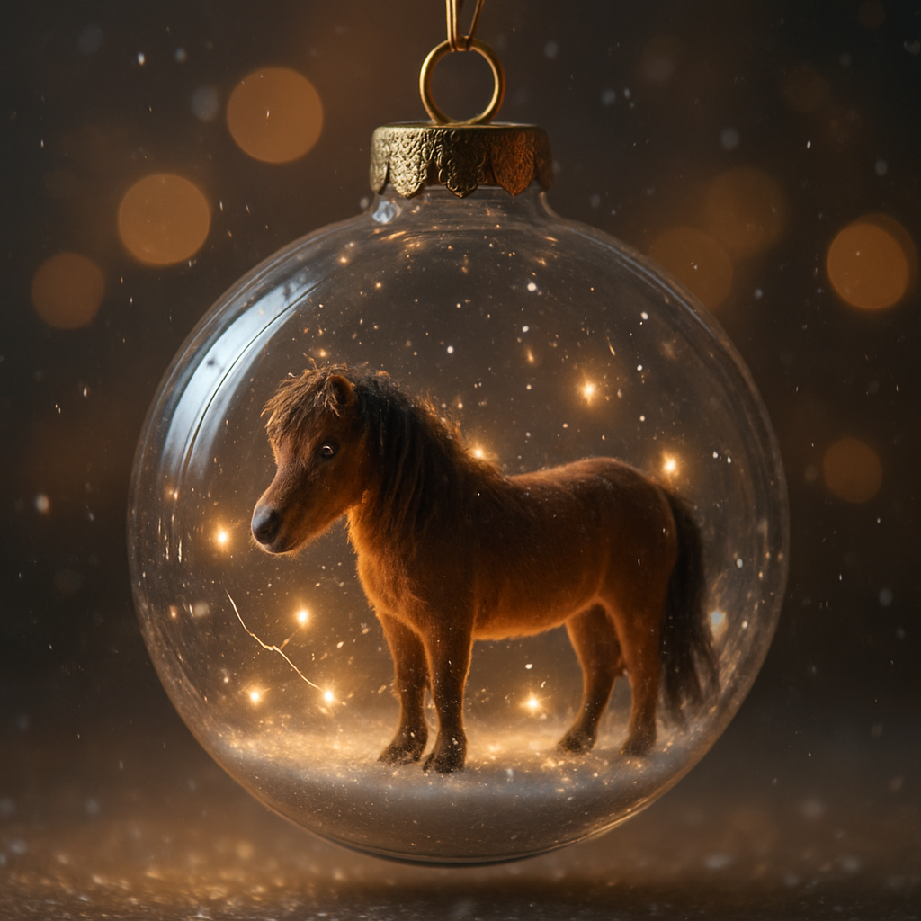 Tiny Horse Inside a Glass Ornament
a clear glass christmas ornament containing a living miniature horse with glowing fairy lights, gentle snowfall particles inside, hyper-detailed reflections, delicate glass texture, whimsical fantasy realism, dreamy warm lighting, bokeh background