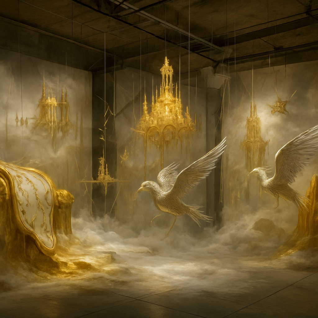 Create a surrealist artwork in high definition, blending gold and white tones. Depict ethereal, dreamlike landscapes with shimmering golden structures-like floating palaces or delicate filigree towers-emerging from a misty, white void. Add surreal elements, such as clocks melting over golden cliffs or white-winged creatures with metallic feathers, inspired by Dalí's style. Ensure vibrant contrast between the radiant gold and crisp, luminous white, with smooth textures and intricate details for a hyper-realistic yet fantastical effect.