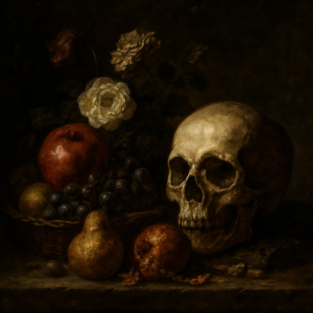 still life arrangement of fruits and flowers