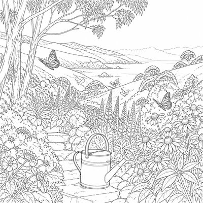 a garden scene with butterflies, flowers and a watering can, clean uncolored line art, no text