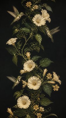 a climbing vine of flowers and hummingbirds on a dark background, tall wrapping composition, no text