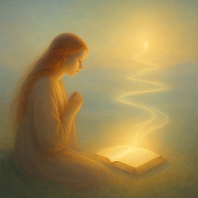 profound image representing the verse Psalm 119:15. The scene depicts a solitary lady with flowing, long red hair, in a posture of deep contemplation or meditation. She is seated or kneeling in a peaceful, natural setting – perhaps on a gentle hillside overlooking a tranquil landscape, by a calm body of water, or within a serene garden. Her expression is focused and reverent.

Before her, or subtly integrated into the scene, is an ancient scroll or open book, glowing with a soft, ethereal light, symbolizing God's precepts. Her posture and gaze are directed towards this source of wisdom, with a clear sense of 'fixing her eyes' on its profound truth.

Extending from the scroll/book, or subtly woven into the distant landscape, are luminous, ethereal pathways or guiding lights, representing 'Your ways' (God's ways). These pathways are clear and inviting, leading towards a bright, hopeful horizon, symbolizing divine guidance and understanding. The atmosphere is tranquil and reflective, bathed in soft, warm, golden light (perhaps dawn or dusk), signifying clarity and spiritual insight. The overall mood is one of peace, deep wisdom, divine guidance, and focused devotion, rendered with a beautiful, luminous quality."