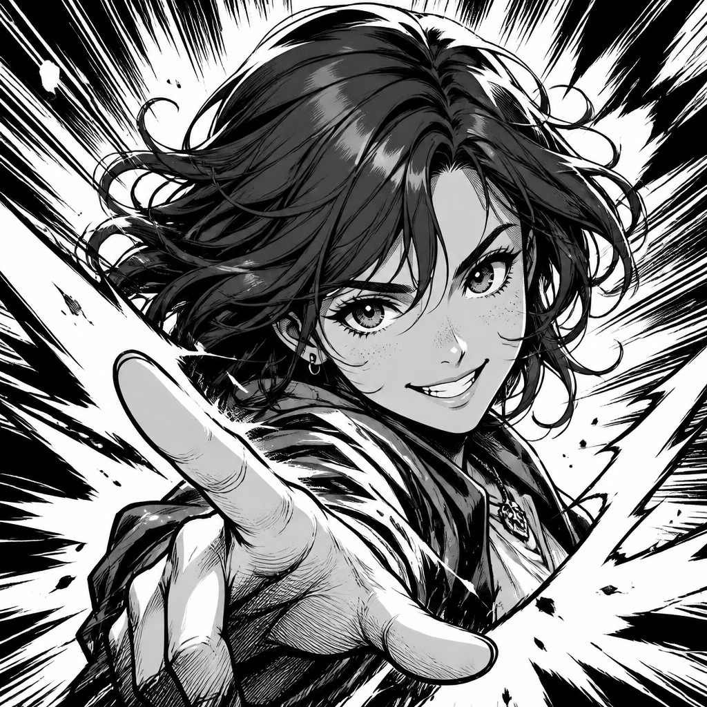 head-and-shoulders portrait of an original character: a young woman with wavy chestnut hair and a warm smile, plain soft backdrop